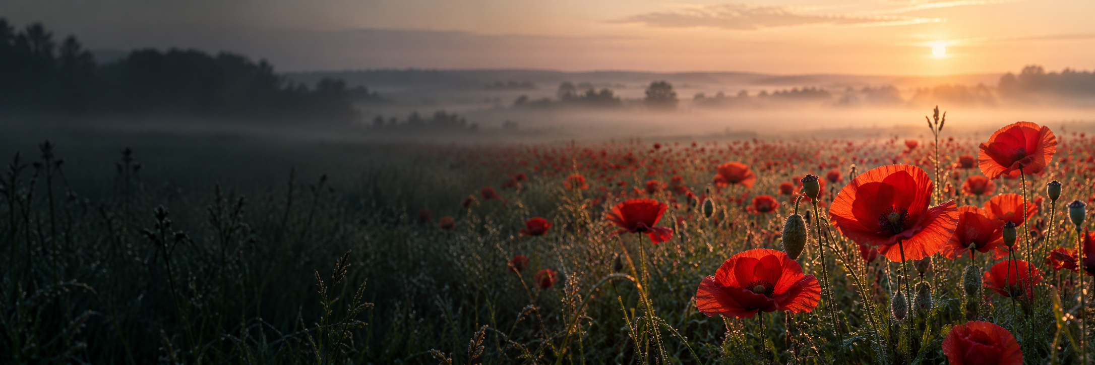 A field of red poppies at dawn