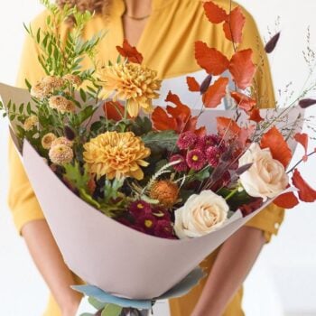 Beautiful Autumn chrysanthemum bouquet with roses and foliage. The Calming Chrysanthemums, an Autumn Bouquet from Welch the Florist | Next Day Flower Delivery UK Florist.