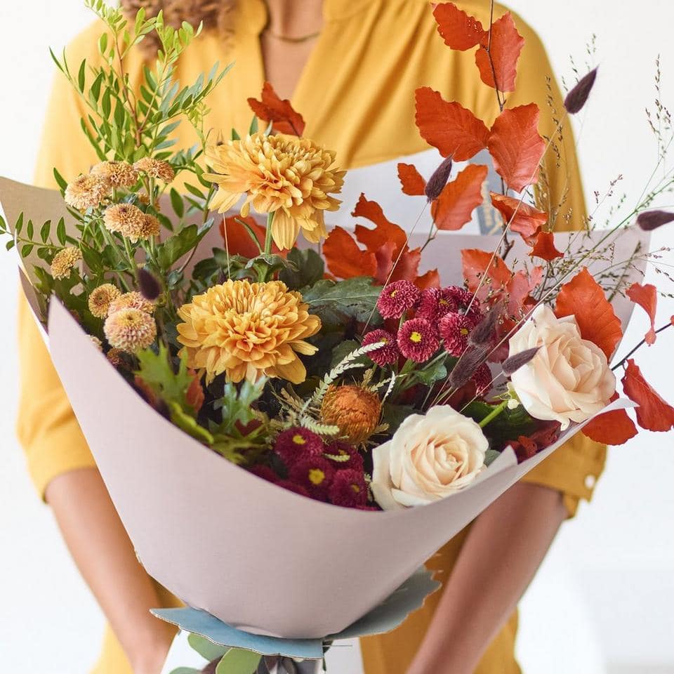 Beautiful Autumn chrysanthemum bouquet with roses and foliage. The Calming Chrysanthemums, an Autumn Bouquet from Welch the Florist | Next Day Flower Delivery UK Florist.