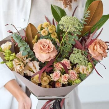 Beautiful mixed flower bouquet with roses, greenery, and textured blooms. The Enchanted Forest, an Autumn Bouquet from Welch the Florist | Next Day Flower Delivery UK Florist.